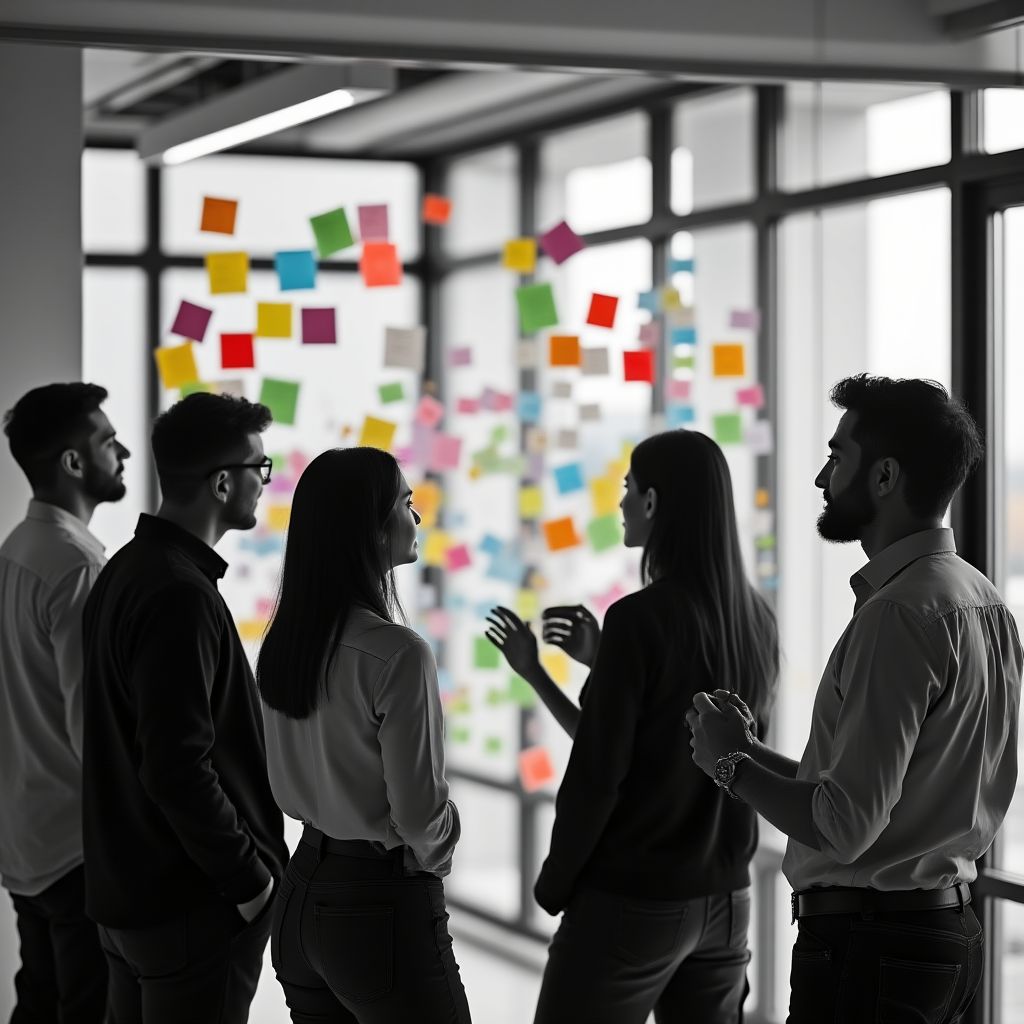 Equipo en una sesión de brainstorming con notas adhesivas en una pared