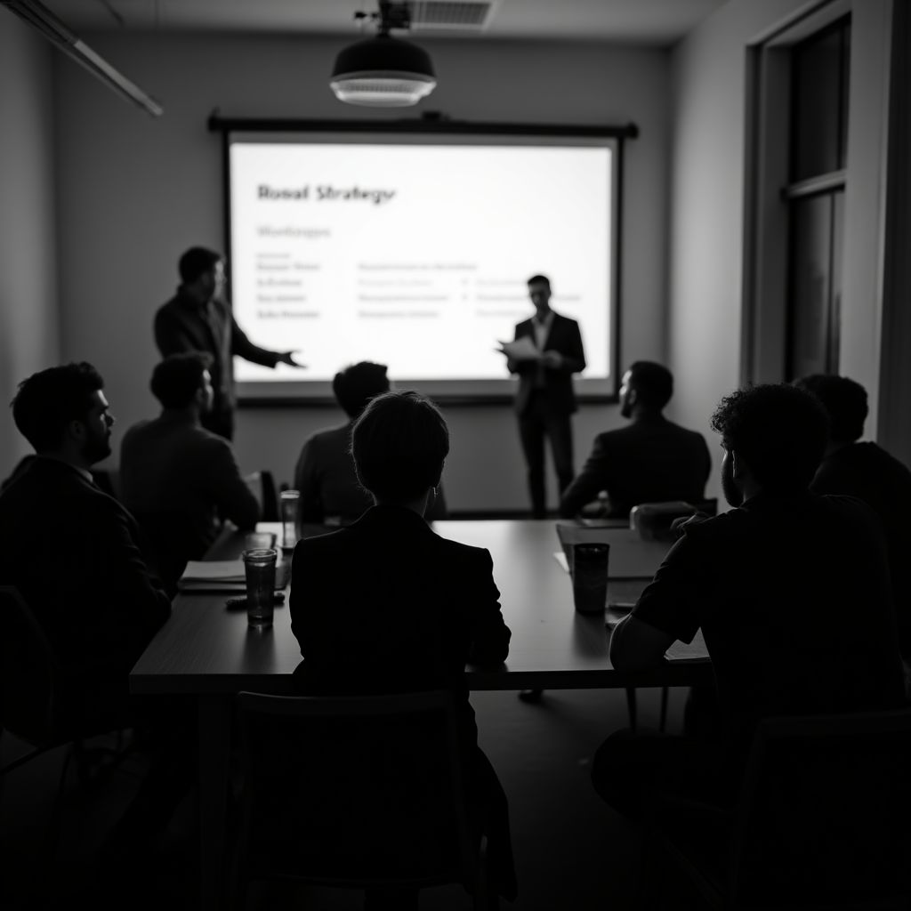 Un taller de estrategia con un presentador frente a un grupo