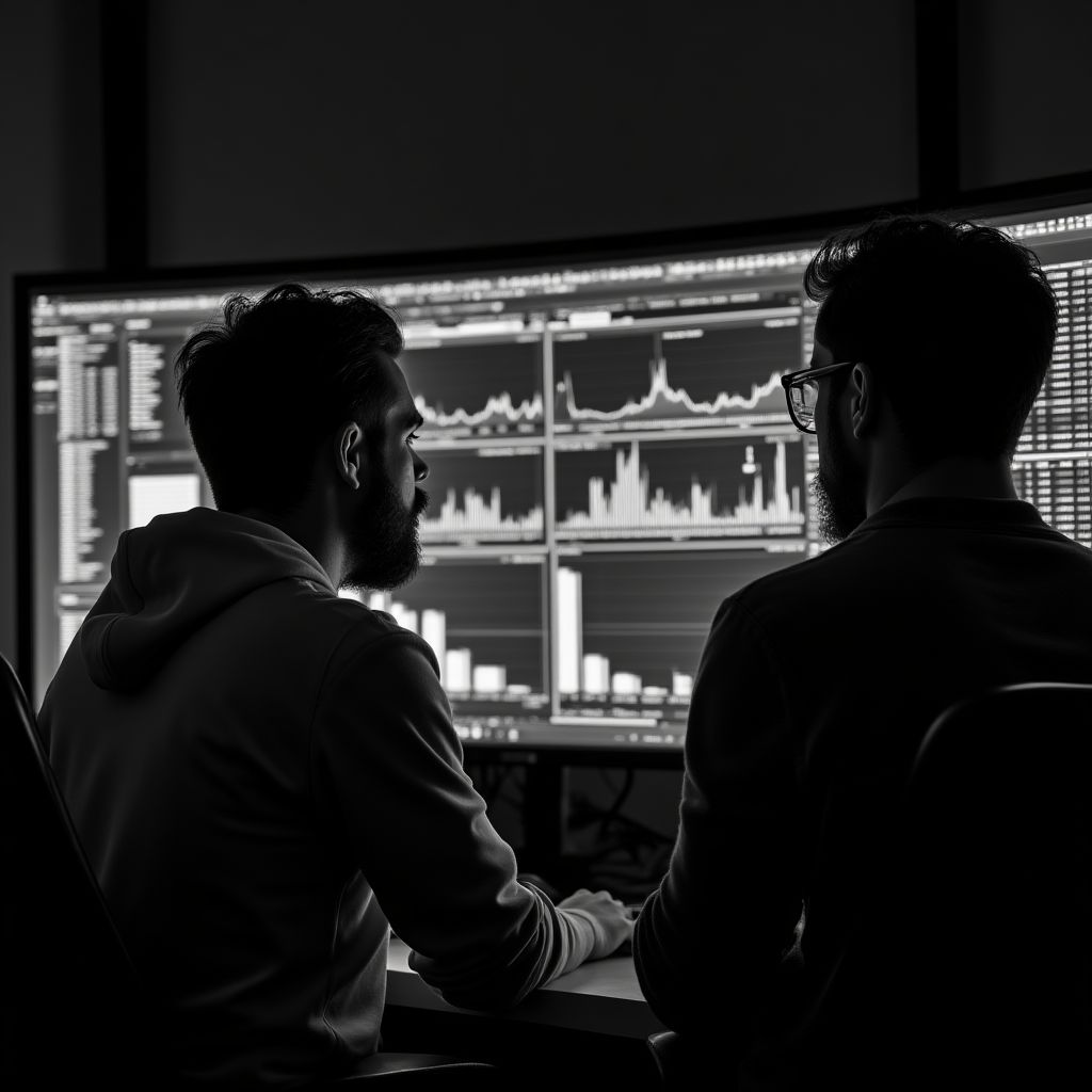 Dos personas analizando datos en una pantalla de computadora grande