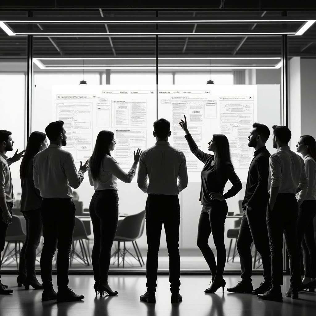 Un equipo diverso colaborando en una oficina moderna y minimalista