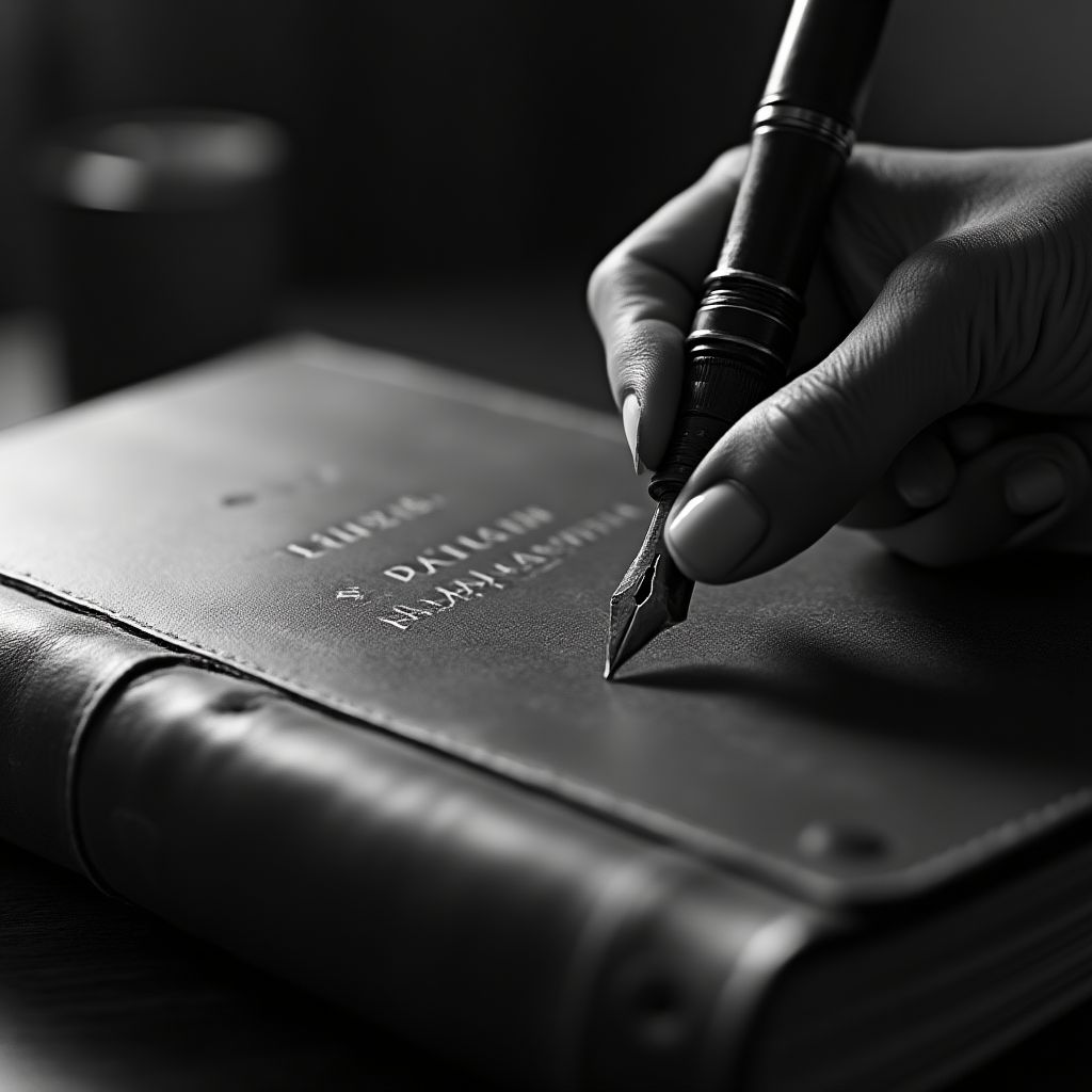 Una pluma estilográfica escribiendo en un cuaderno de cuero