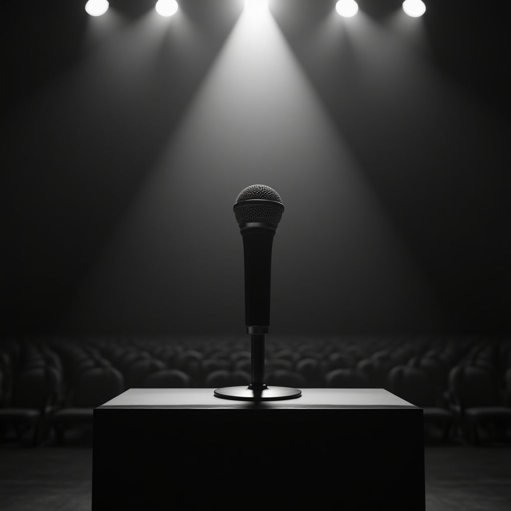 Micrófono de podio en una sala de conferencias vacía
